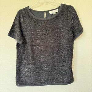 LOFT black feathered Sparkly blouse size small Business Office Party